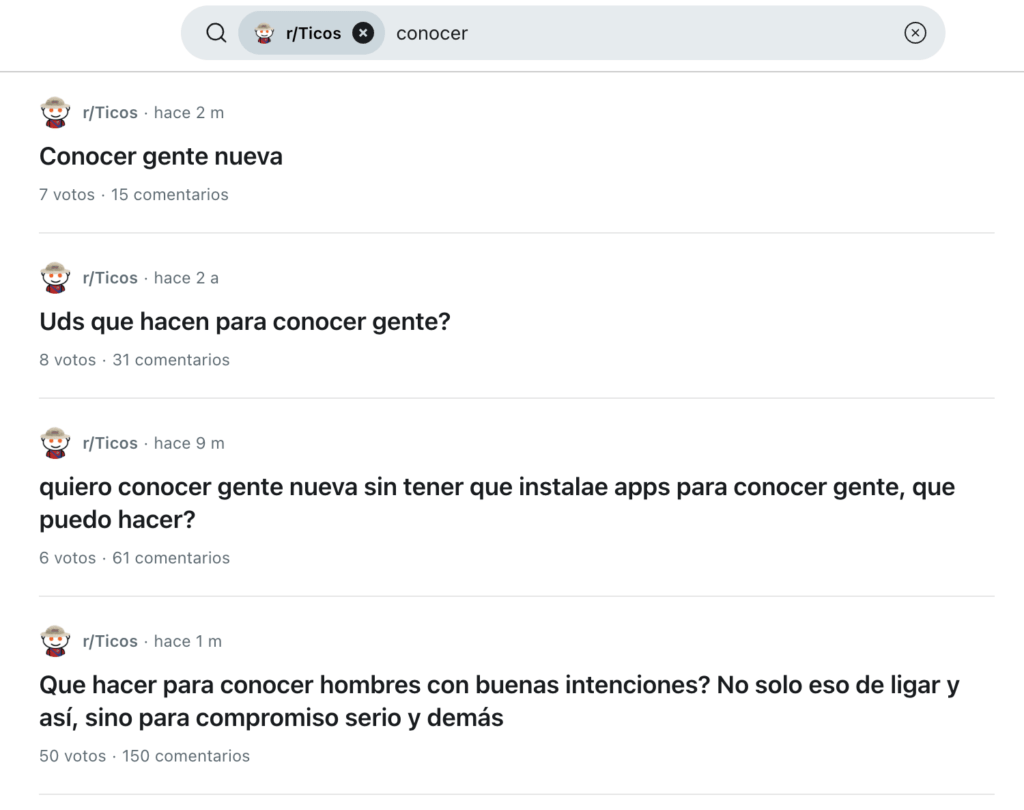 Captura de pantalla de Reddit Costa Rica sobre conocer gente